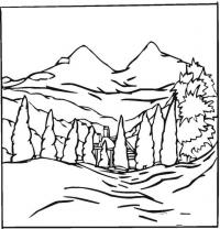 Раскраски фоне раскраска пейзаж на фоне гор,ель,горы,у подножья домик 