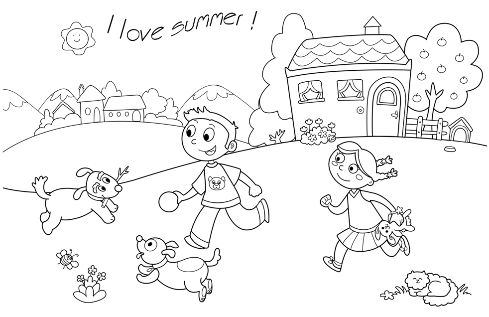 Раскраски лето праздник 1 июня день защиты детей девочка мальчик собака лето 
