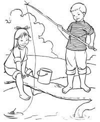 Раскраски природа мальчик девочка удочка рыбалка ведро поплавок лето 