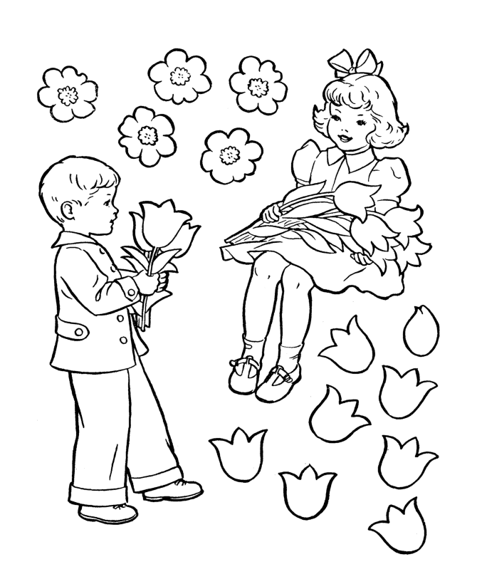 Раскраски святого девочка, мальчик, дети, тюльпаны, цветы 