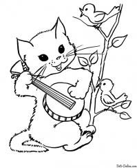 Раскраска кот играет на струнном инструменте 