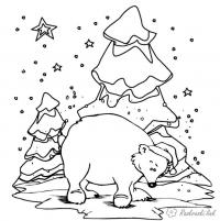 Новый год, зима, снег, елка, медведь в шапке 