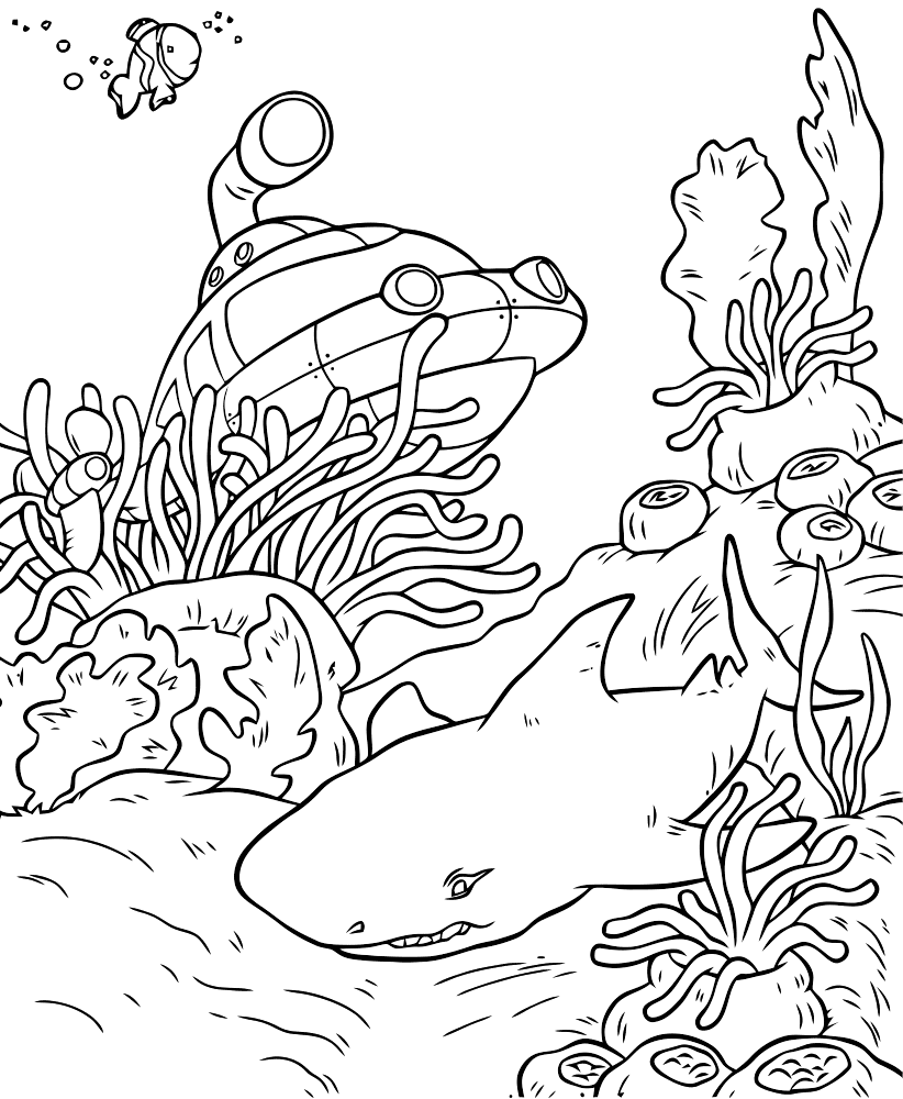 Раскраски водоросли детская раскраска подводный лодки ,  акулы.  водоросли 