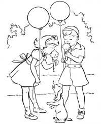 Раскраски дети праздник 1 июня день защиты детей мальчик девочка мороженое шарики собака 