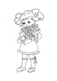 Раскраски 1 сентября день знаний девочка, букварь, букет цветов, бантики 