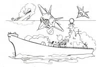 Раскраски для мальчиков, корабль и самолеты, боевые действия, тонущий корабль 