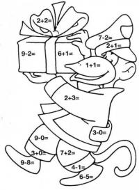 Математические раскраски для дошкольников, обезьянка с подарком 
