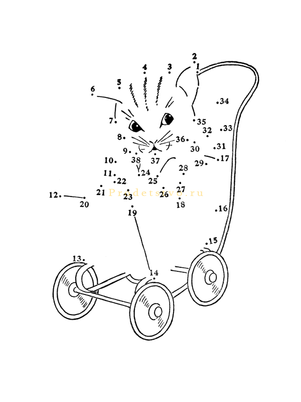 Соедини по точкам рисунок, котенок в коляске 
