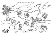 Дети на улице, деревня, снеговик, собака, домик, дым из трубы, деревья без листьев, усатый дедушка 