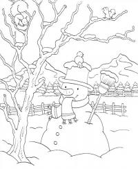 Снеговик, птица на шляпе снеговика, белочка на дереве, лес, горы 