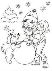 Снежный ком, девочка катит снежный ком с собакой, снежинки, елочка 