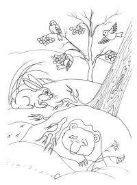 Мишка спит в берлоге, заяц, птицы на рябине 