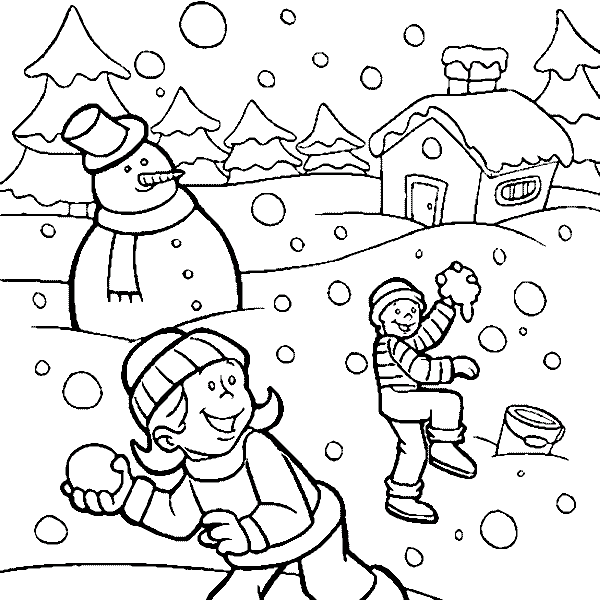 Снежки, дети, снеговик в шляпе, домик, елочки, падает снег 