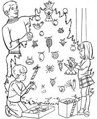 Наряжаем ёлку раскраски раскраски зима, дети с папой, мальчик, девочка, елочные украшение, новый год, рождество 