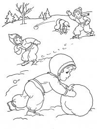 Большой снежный ком раскраски раскраски зима, дети играют в снежки, мальчик катит снежный ком, елки, дерево без листьев 