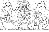 Зима и зимние игры распечатать бесплатно, девочка с игрушкой, плюшевый олененок, собака с высунутым языком, снеговик, идет снег 