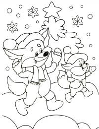 Лиса с лисенком в новогодних шапочках, елочка со звездой, снег, снежинки 