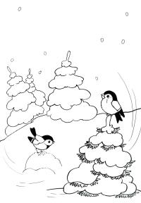 Снегири, птицы на елке, елочки, падает снег 