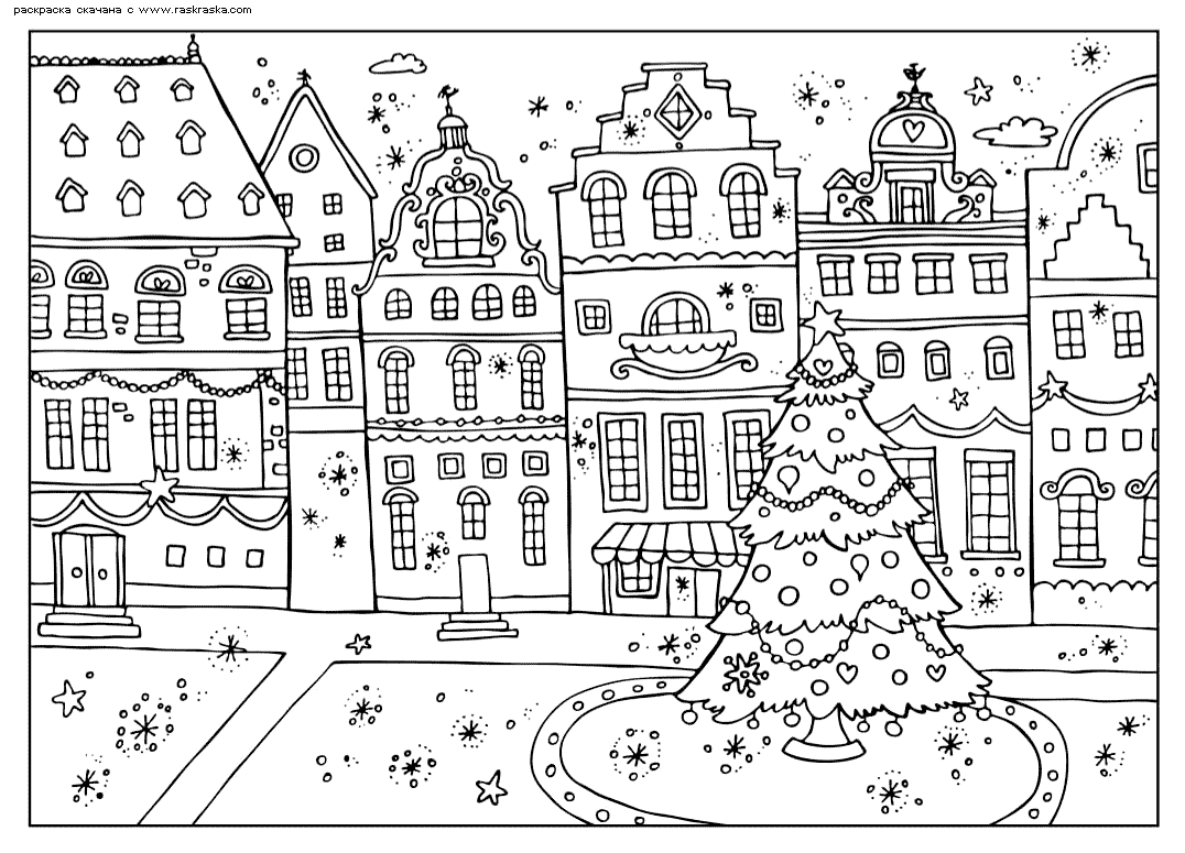 Раскраска украшенная ель на площади, город, снег 