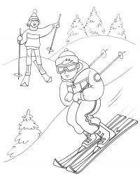 Раскраски для детей зима. распечатать бесплатно, лыжники, елки 