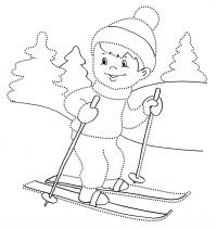 Мальчик на лыжах, елки, зима, спорт 