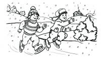 Катание на коньках, деревня, речка, снег 