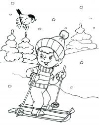 Раскраски для детей. зима, мальчик на лыжах, птица, снег 