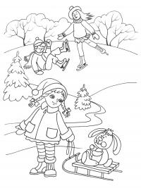 Раскраски для детей зима. распечатать бесплатно, дети на катке, девочка катает игрушку зайца на санках, елки 