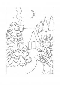 Зимушка — зима. раскраски, дом с дымом из трубы, елки, снегирь 