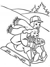 Снежные горки раскраски раскраски зима, мальчик с собакой катается на санках 