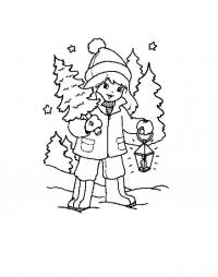 Раскраска зимняя детская, девочка с фонариком и елочкой 