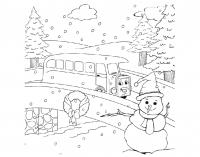 Раскраска зима снеговик, автобус едет по мосту 