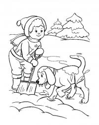 Раскраска зима ребенку, мальчик чистит снег с собакой во дворе 